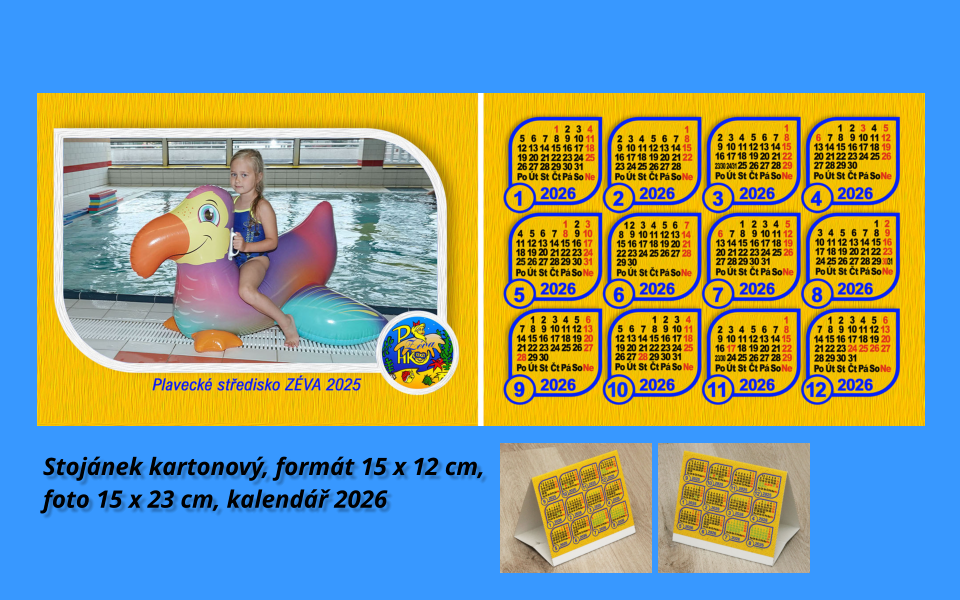 Stojánek kartonový, formát 15 x 12 cm,  foto 15 x 23 cm, kalendář 2026